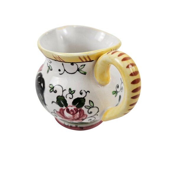 Vintage Early Provincial Hand Painted Ceramic Creamer Pitcher Roosters Roses - Picture 2 of 10